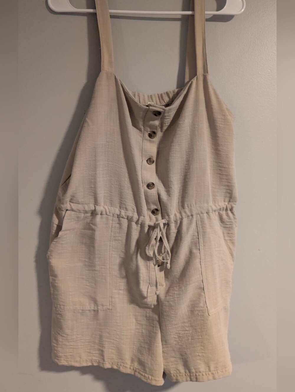 Beige Linen-Blend Button Romper with Drawstring - Picture 3 of 5